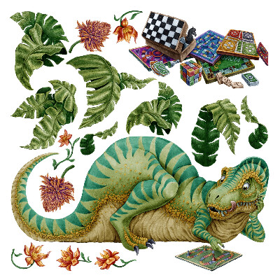 Naklejka na ścianę 60x76 Rysunkowy motyw dinozaura z roślinnymi akcentami