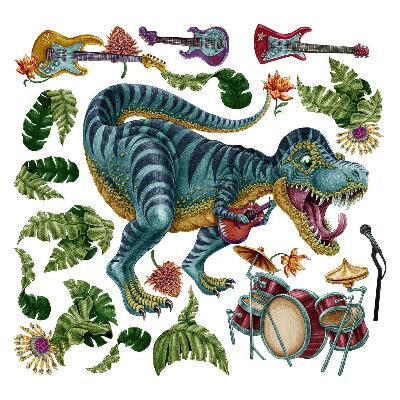 Naklejka na ścianę 60x89 Dinozaur w muzycznym stylu z liśćmi i kwiatami