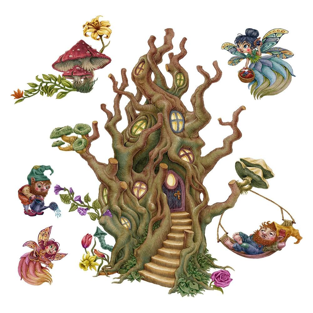 Naklejka na ścianę 60x80 Magiczne leśne postacie i domek na drzewie