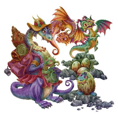 Naklejka na ścianę 60x73 Wielobarwne smoki w stylu ilustracji