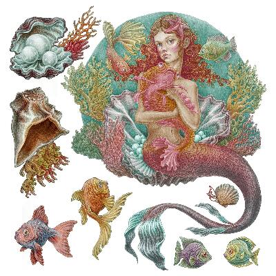 Naklejka na ścianę 60x60 Baśniowy świat ryb i muszli w rysunkowej formie