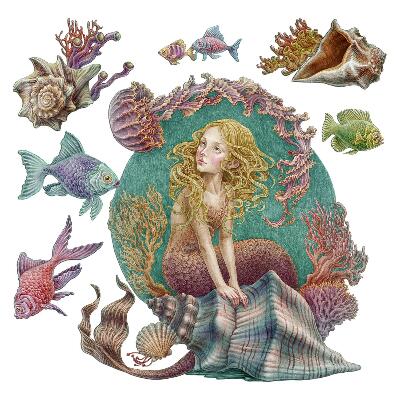 Naklejka na ścianę 60x53 Rysunkowa syrena i muszle w morskiej scenerii