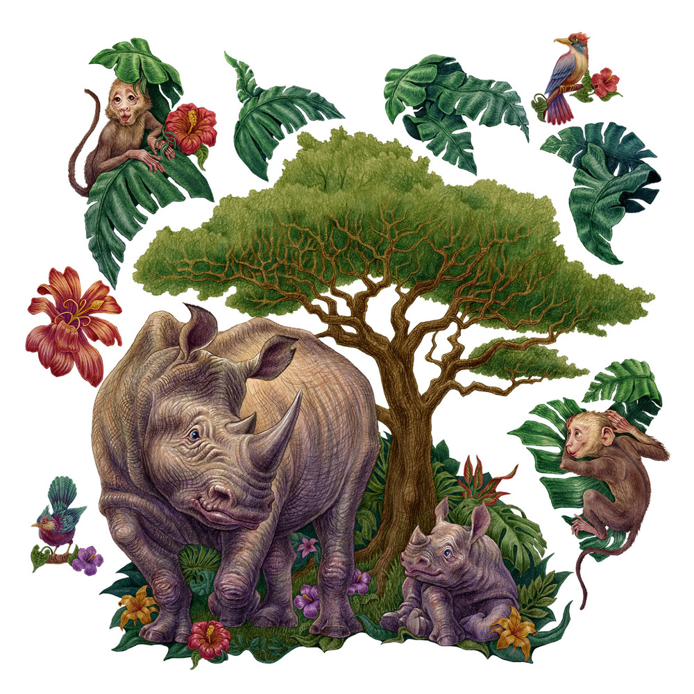 Naklejka na ścianę 60x65 Rysunkowe safari z dzikimi zwierzętami i roślinami