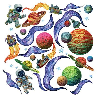 Naklejka na ścianę 60x93 Rysunkowy wszechświat z rakietą i astronautami