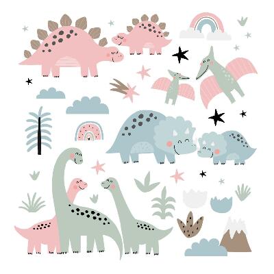 Naklejka na ścianę 60x89 Pastelowe dinozaury w gąszczu roślinności