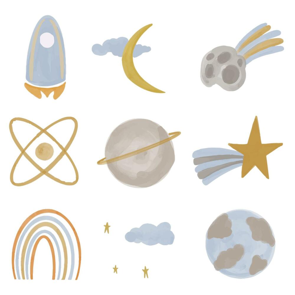 Naklejka na ścianę 60x100 Pastelowy motyw rakiety wśród planet i gwiazd
