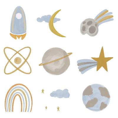 Naklejka na ścianę 60x100 Pastelowy motyw rakiety wśród planet i gwiazd