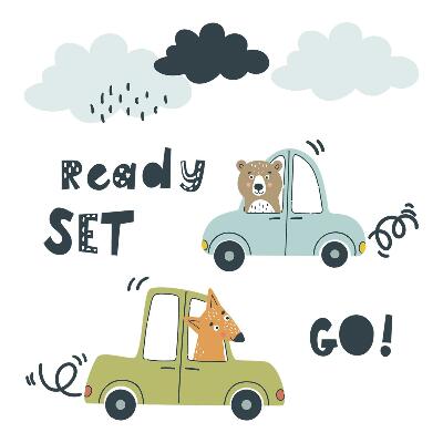 Naklejka na ścianę 60x81 Czas na przygodę! Zwierzaki w autach w pastelach