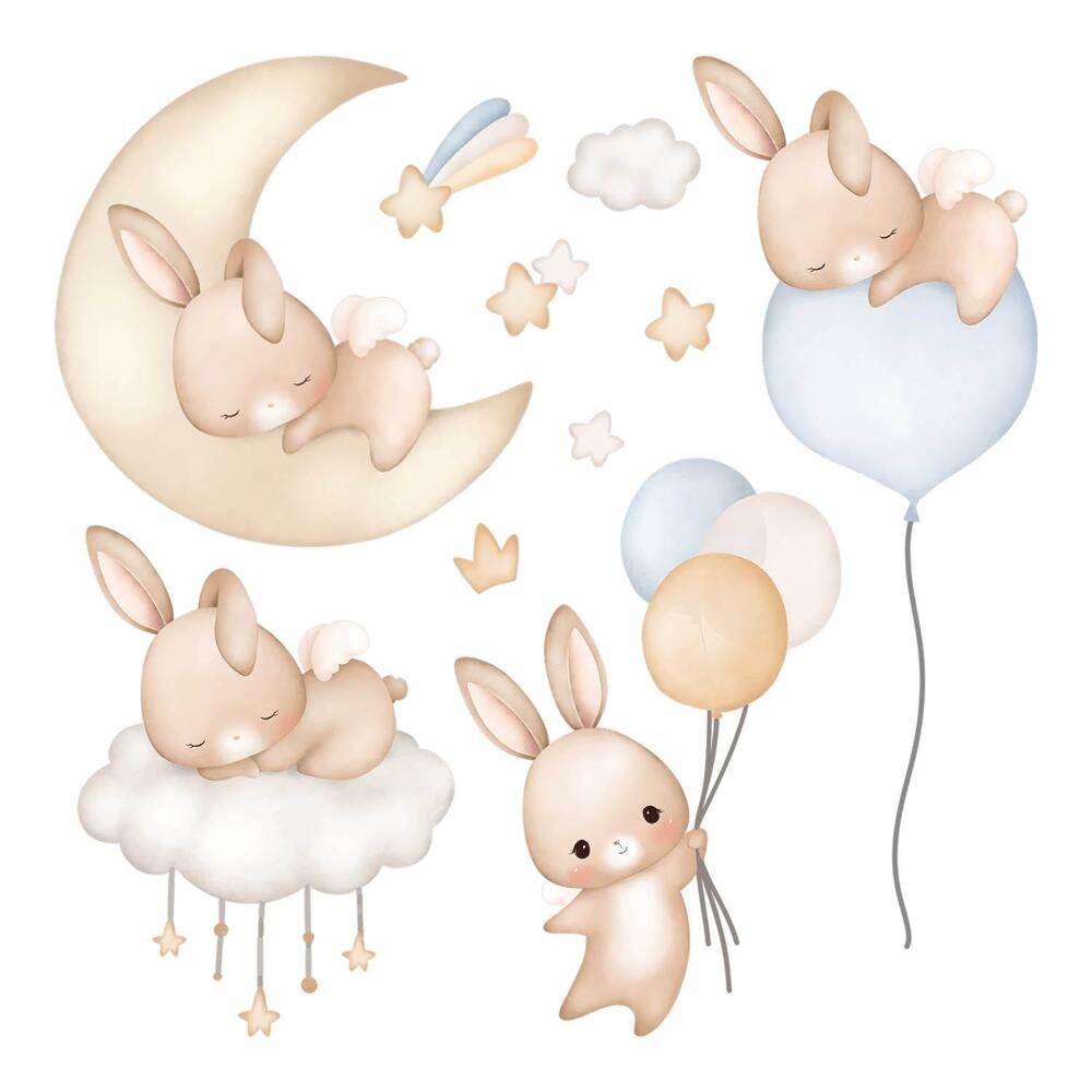 Naklejka na ścianę 60x53 Pastelowe króliczki z balonami w nocnej scenerii