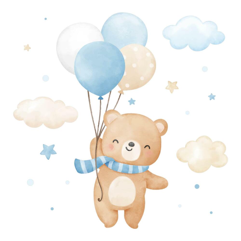Naklejka na ścianę 60x86 Uroczy miś w chmurach z balonami w stylu pastelowym