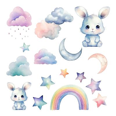 Naklejka na ścianę 60x80 Akwarelowe zajączki w tęczowym niebie i księżycach