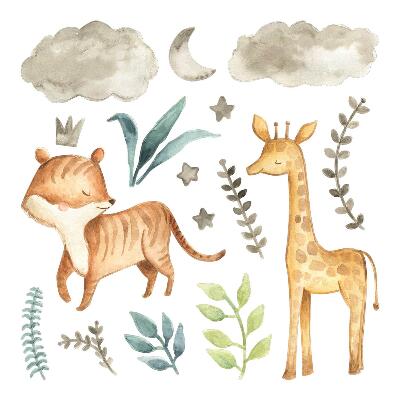 Naklejka na ścianę 60x99 Akwarelowe safari z roślinami i zwierzątkami