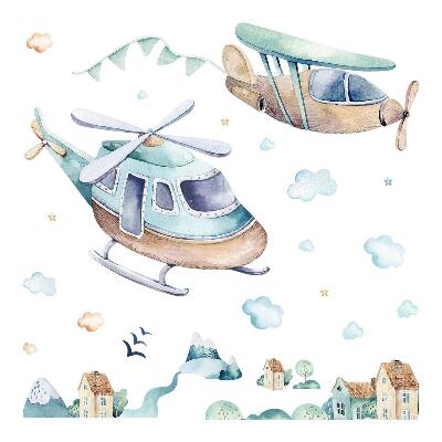 Naklejka na ścianę 60x87 Akwarelowy motyw helikoptera i samolotu nad miastem