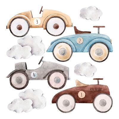 Naklejka na ścianę 60x94 Auta w pastelowych barwach i delikatne chmurki
