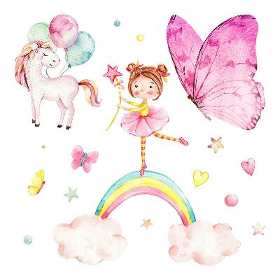 Naklejka na ścianę 60x78 Dziewczynka na tęczy z motylami i jednorożcem