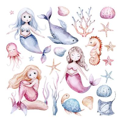 Naklejka na ścianę 60x76 Pastelowe syrenki w akwarelowym morskim otoczeniu