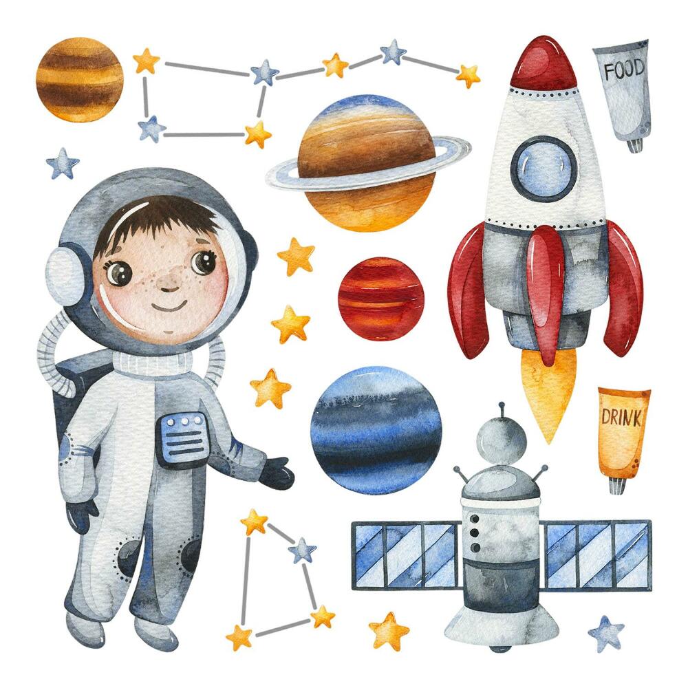 Naklejka na ścianę 60x80 Mały astronauta w akwarelowym wszechświecie