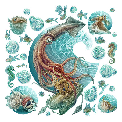 Naklejka na ścianę 60x58 Podwodna kraina pastelowych zwierząt