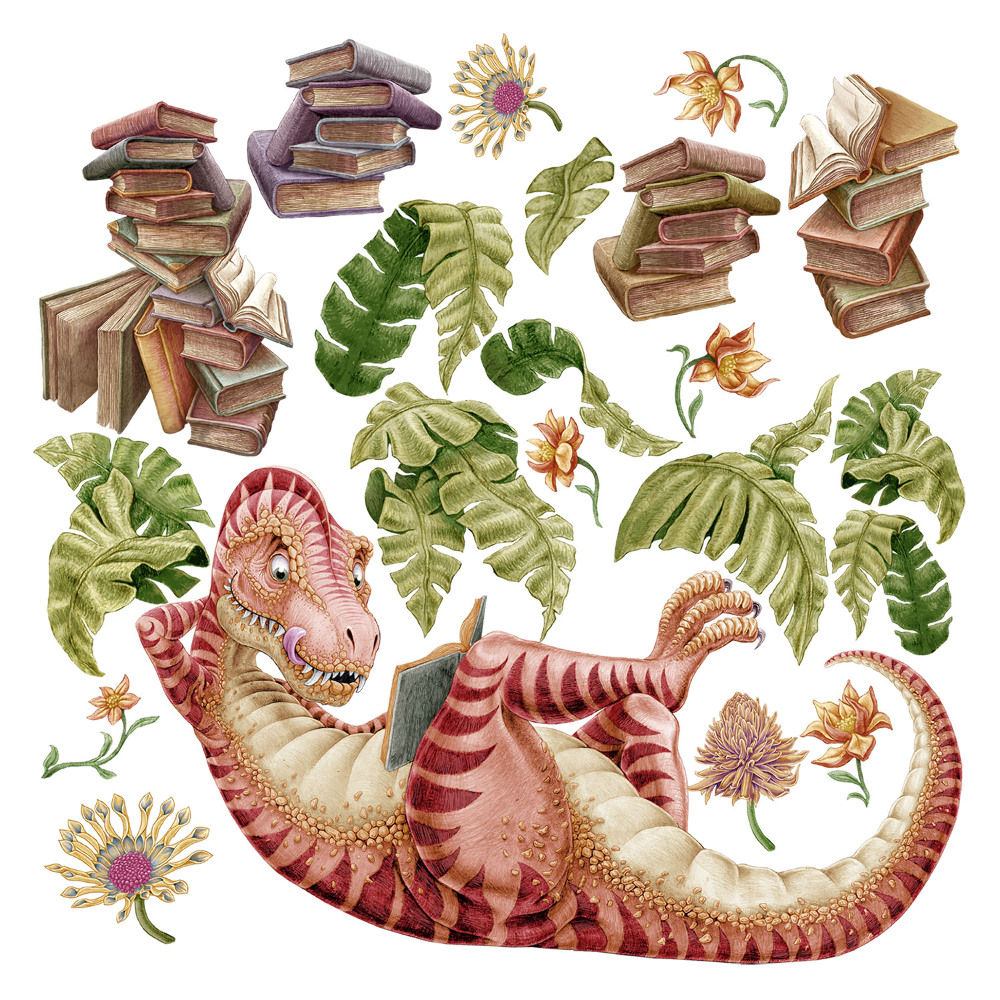 Naklejka na ścianę 60x90 Rysunkowy dinozaur w liściach i pastelach