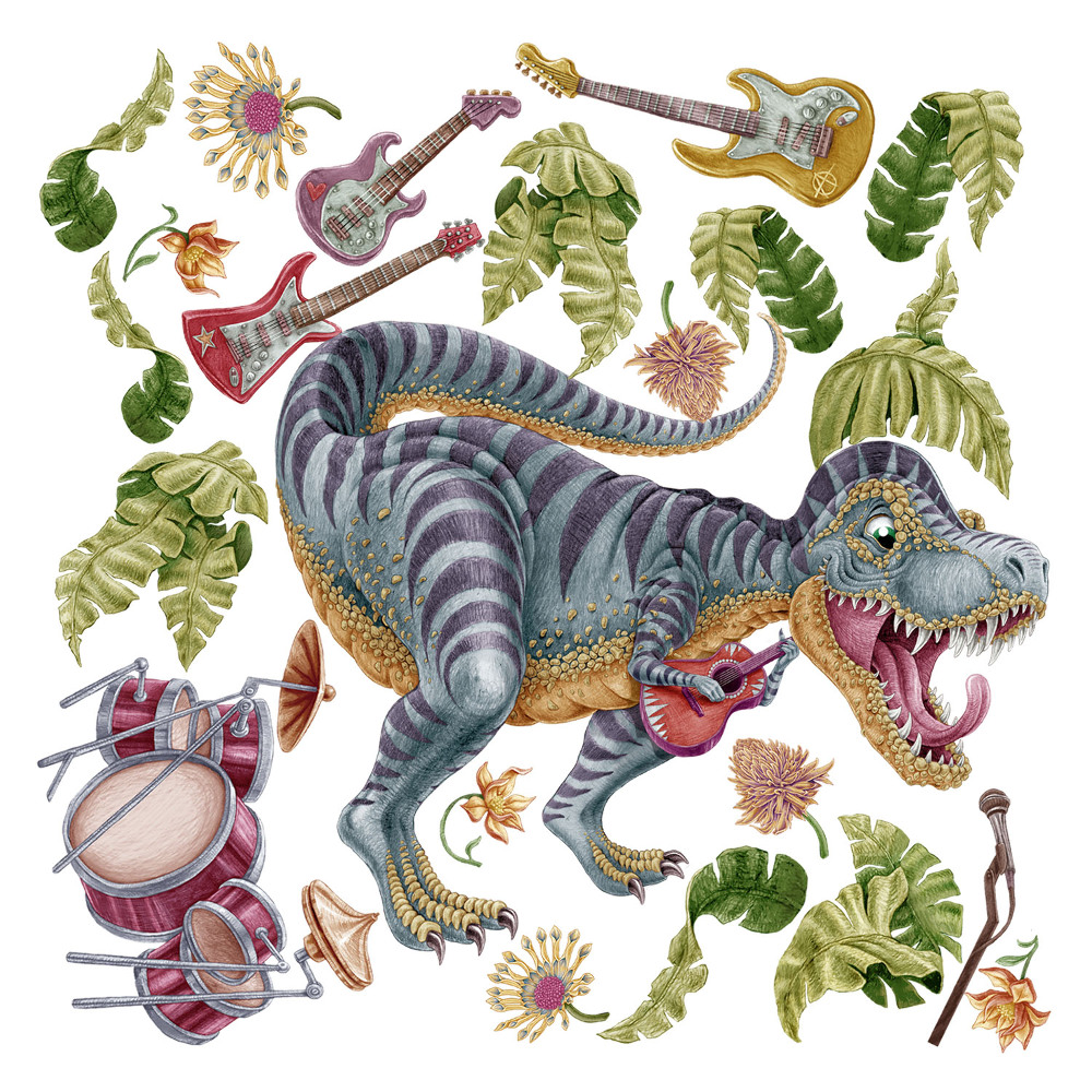Naklejka na ścianę 60x89 Rysunkowy dinozaur z instrumentami i liśćmi