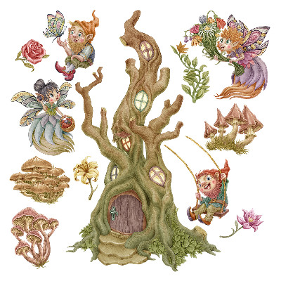 Naklejka na ścianę 60x62 Krasnale w magicznym lesie z pastelowym domkiem