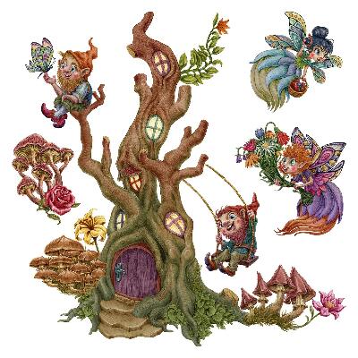Naklejki do pokoju dziecka 100x104 Krasnoludki i wróżki w leśnej scenerii