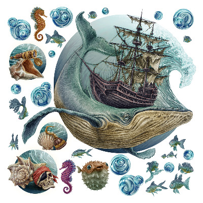Naklejki do pokoju dziecka 100x122 Rysunkowy świat statków i morskich stworzeń