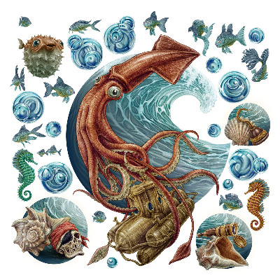 Naklejki do pokoju dziecka 100x101 Podwodna przygoda z morskimi zwierzakami w stylu