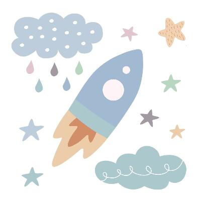 Naklejki do pokoju dziecka 100x167 Pastelowe niebo z rakietą i chmurami gwiezdnymi
