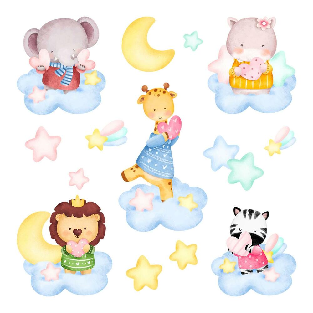 Naklejki do pokoju dziecka 100x153 Zwierzęta w chmurkach na tle gwiazd akwarelowe pastel