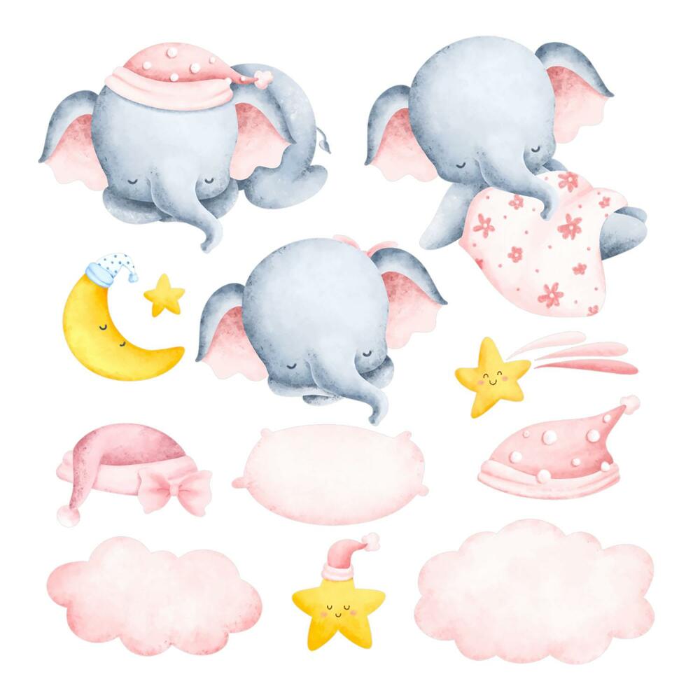 Naklejki do pokoju dziecka 100x152 Urocze pastelowe słoniki z chmurkami na niebie