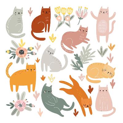 Naklejki do pokoju dziecka 100x176 Boho wzór z kotami i roślinami w pastelach