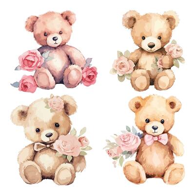 Naklejki do pokoju dziecka 100x128 Kwiatowe misie w urokliwej akwarelowej kompozycji