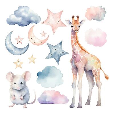 Naklejki do pokoju dziecka 100x95 Zwierzęta i nocne niebo w akwarelowych odcieniach