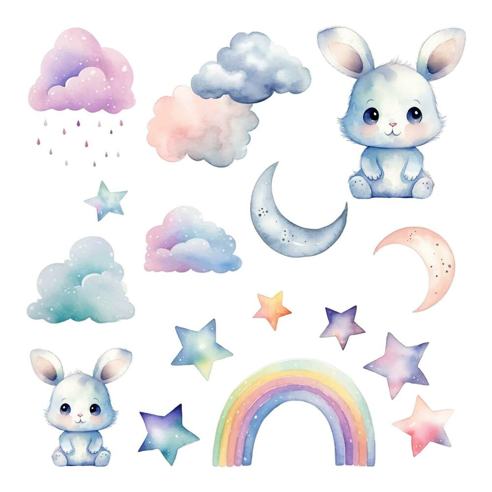 Naklejki do pokoju dziecka 100x134 Akwarelowe zajączki w tęczowym niebie i księżycach