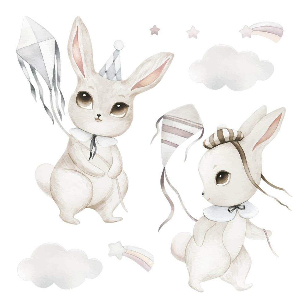 Naklejki do pokoju dziecka 100x143 Urocze akwarelowe króliczki z latawcami