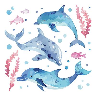 Naklejki do pokoju dziecka 100x155 Pastelowa akwarela delfinów w podmorskiej scenerii