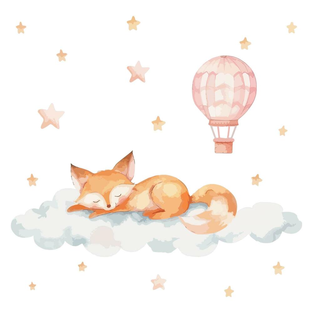 Naklejki do pokoju dziecka 100x156 Lisek na chmurce z gwiazdami i balonem w akwareli