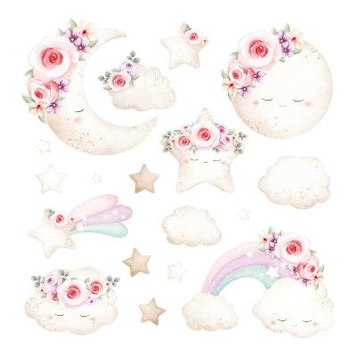 Naklejki do pokoju dziecka 100x138 Pastelowe akwarelowe wzory z kwiatami i niebem