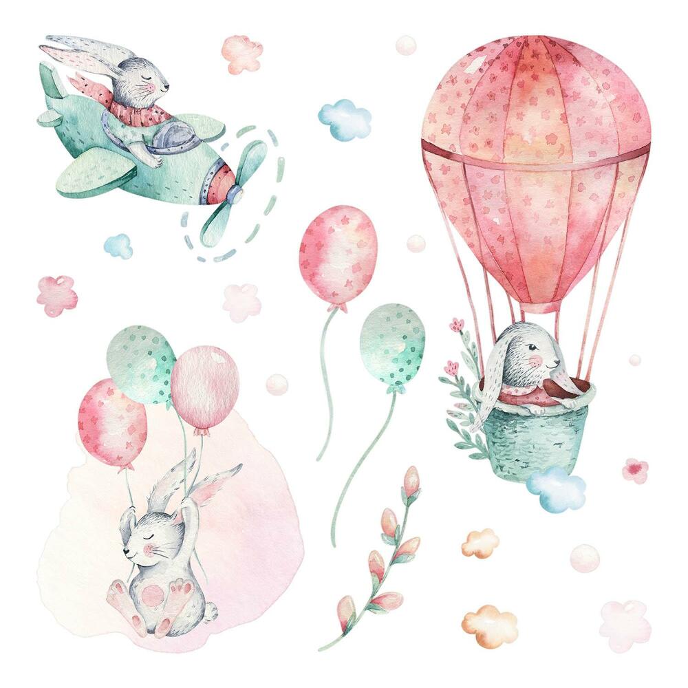 Naklejki do pokoju dziecka 100x118 Słodkie akwarelowe króliczki na tle nieba