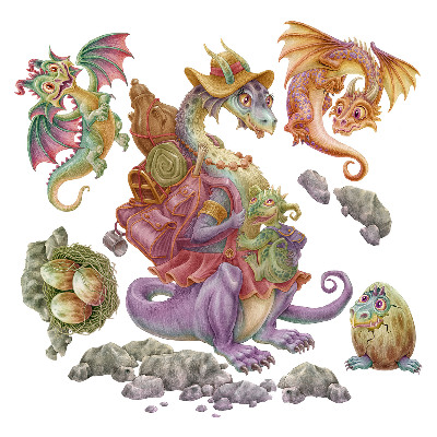 Naklejki do pokoju dziecka 100x122 Bajkowe smoki w rysunkowym stylu z kolorami