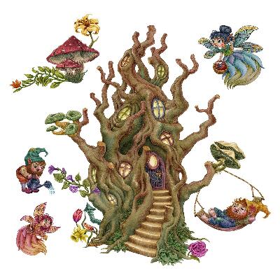 Naklejki dla dzieci 130x173 Magiczne leśne postacie i domek na drzewie