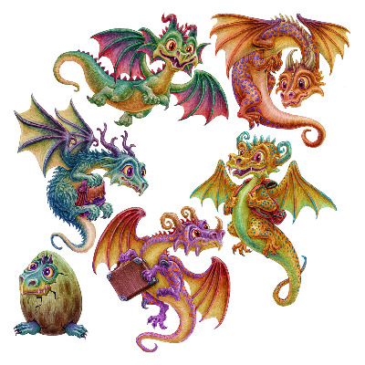 Naklejki dla dzieci 130x104 Rysunkowe smoki w magicznym kolorowym stylu