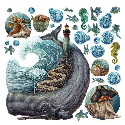 Naklejki dla dzieci 130x153 Rysunkowy świat podwodnych stworzeń i latarni