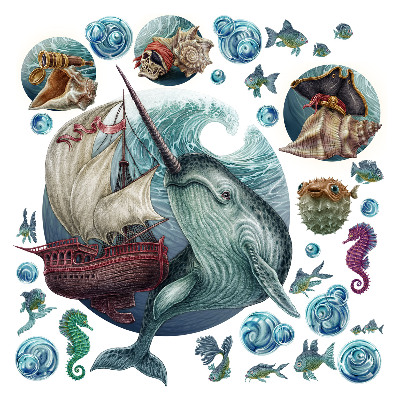 Naklejki dla dzieci 130x142 Rysunkowy morski świat z łodzią i zwierzętami