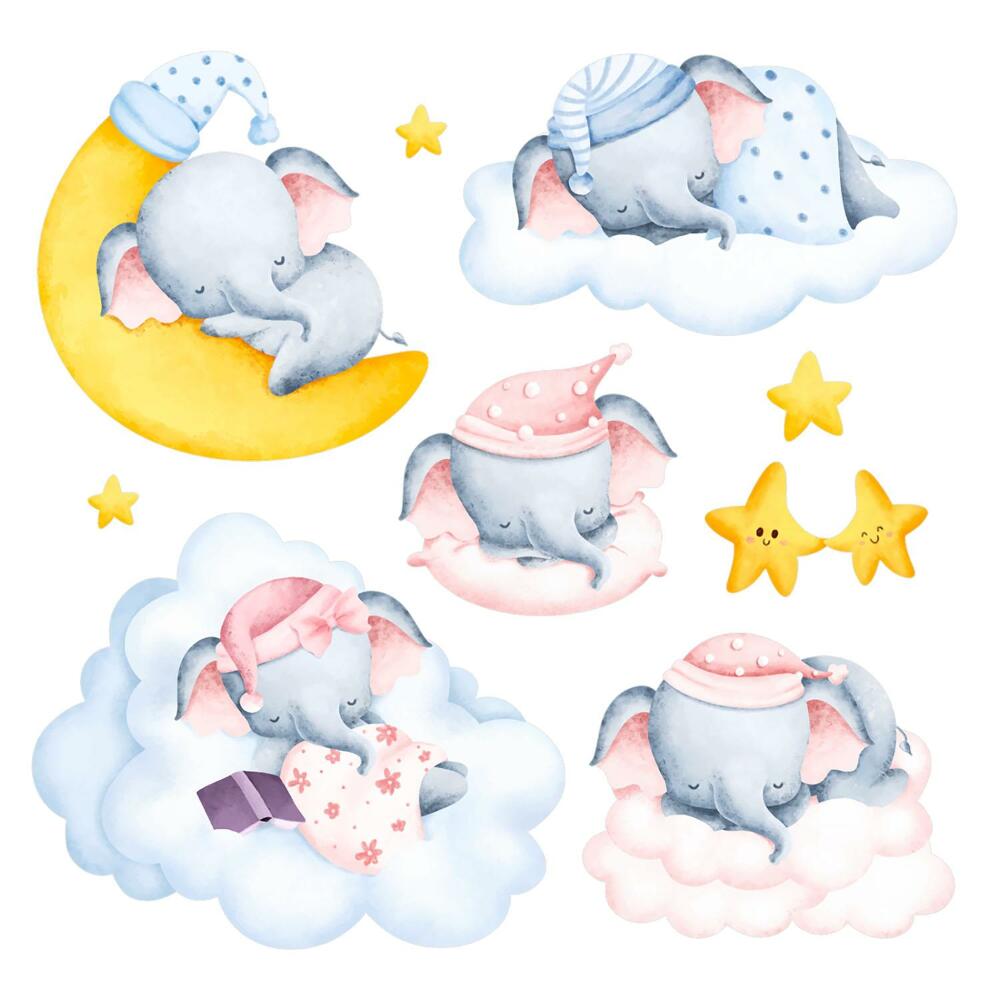 Naklejki dla dzieci 130x182 Urocze nocne niebo z słonikami i chmurkami