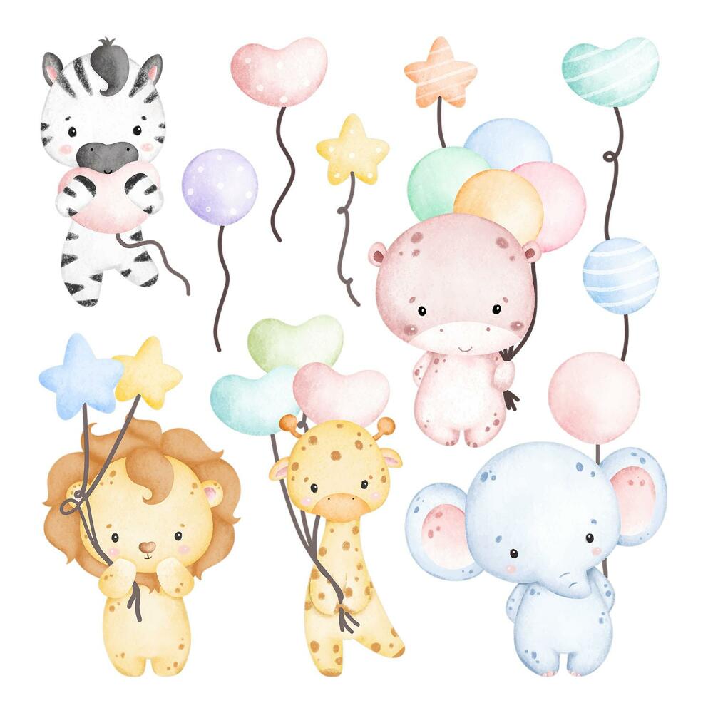 Naklejki dla dzieci 130x192 Urocze akwarelowe safari z dziką fauną i balonami