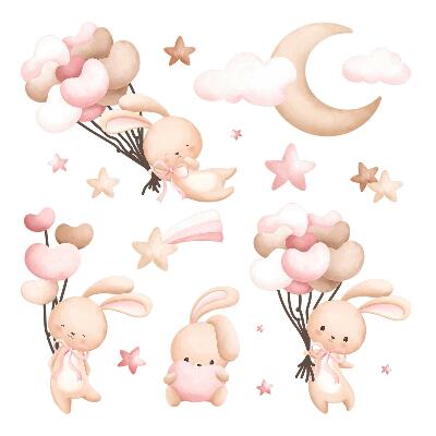 Naklejki dla dzieci 130x234 Pastelowe króliczki z balonami w stylu akwarelowym