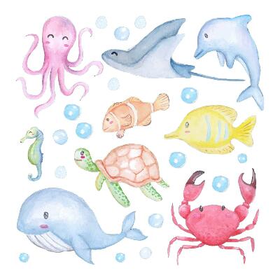 Naklejki dla dzieci 130x184 Morski świat w pastelowych akwarelowych odcieniach