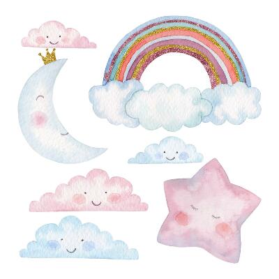 Naklejki dla dzieci 130x178 Urocze nocne niebo w pastelowym stylu akwareli